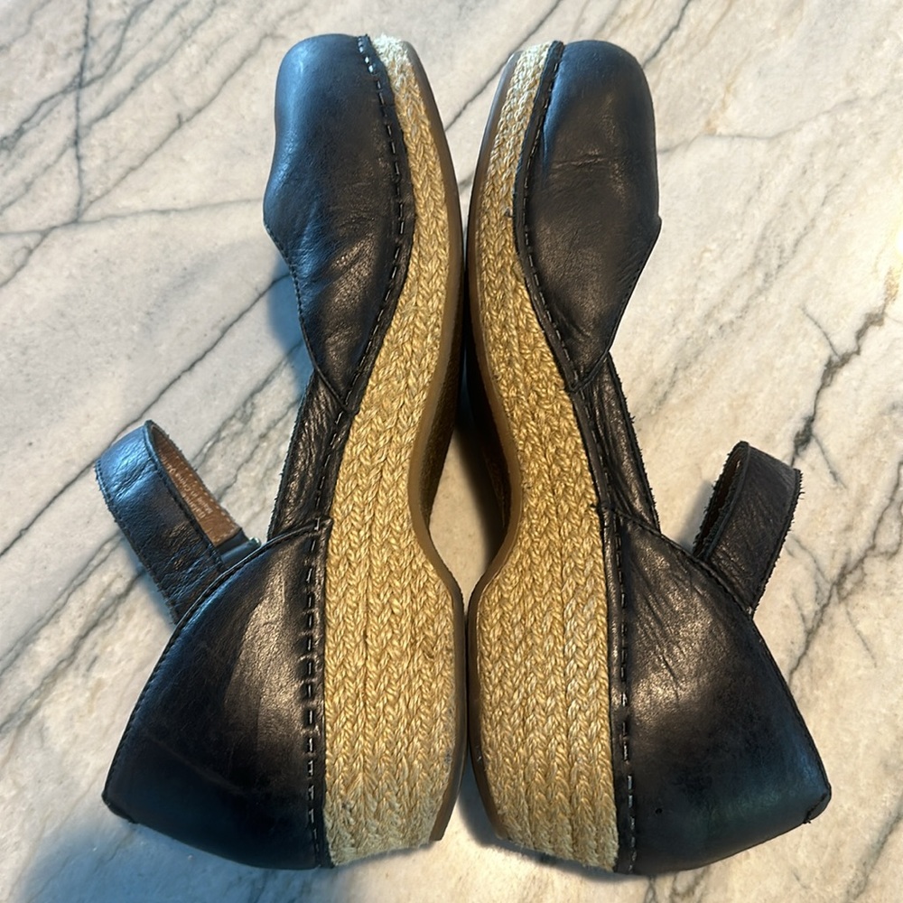 Dansko Black Leather Mary Jane Espadrille Wedges with Striped Insole - Picture 5 of 7